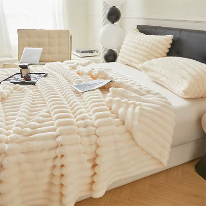 1Pc Throw Blanket for Bed - 250GSM Soft & Warm Fluffy Blanket, Decorative Striped Blankets for Winter Nap / Sleep