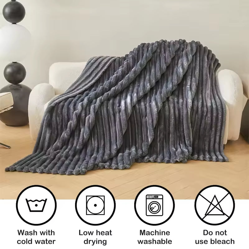 1Pc Throw Blanket for Bed - 250GSM Soft & Warm Fluffy Blanket, Decorative Striped Blankets for Winter Nap / Sleep