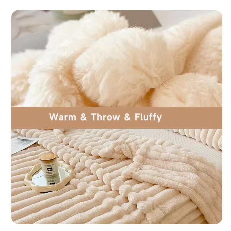 1Pc Throw Blanket for Bed - 250GSM Soft & Warm Fluffy Blanket, Decorative Striped Blankets for Winter Nap / Sleep